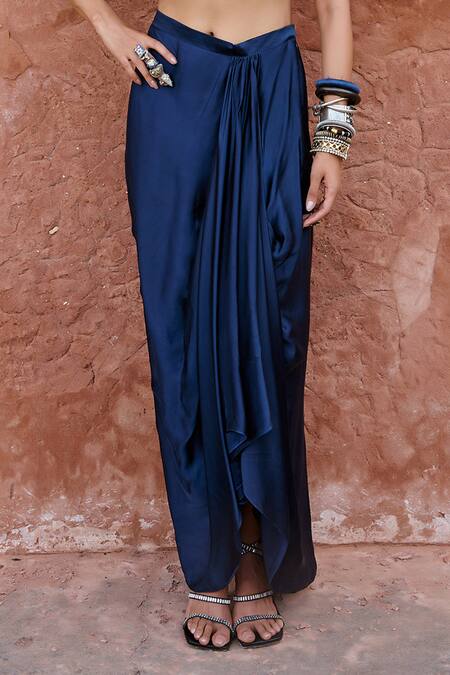 Shop_Chamee And Palak_Blue Silk, Satin Beads, Embroidery Plunge Neck Chayya Cape Draped Skirt Set _Online_at_Aza_Fashions