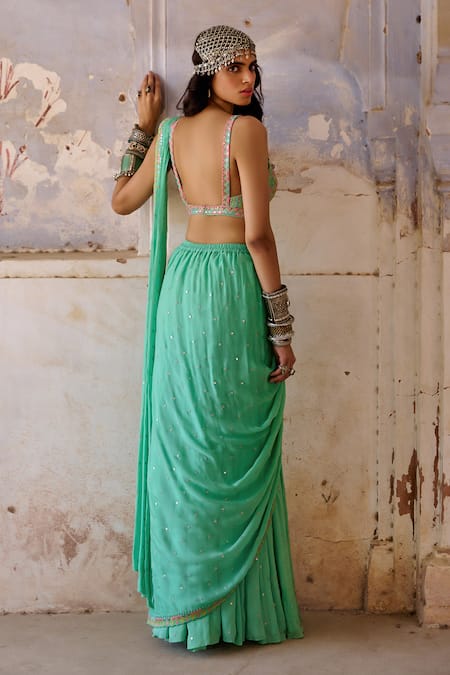Shop_Chamee And Palak_Green Georgette, Silk Embroidery, Resham And Leather Work Saree With Blouse _at_Aza_Fashions