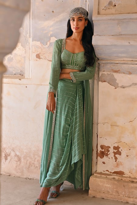 Chamee and Palak Green Georgette Embroidered Glass Bead Sweetheart Tessa Cape Draped Skirt Set 