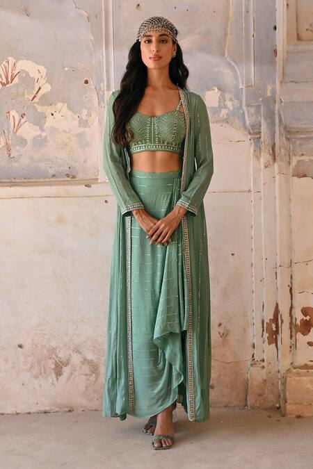 Chamee And Palak Green Silk, Georgette Beads, Zari, Embroidery Tessa Cape Draped Skirt Set Online at Aza Fashions Chamee And Palak_Green Silk, Georgette Beads, Zari, Embroidery Tessa Cape Draped Skirt Set _Online_at_Aza_Fashions