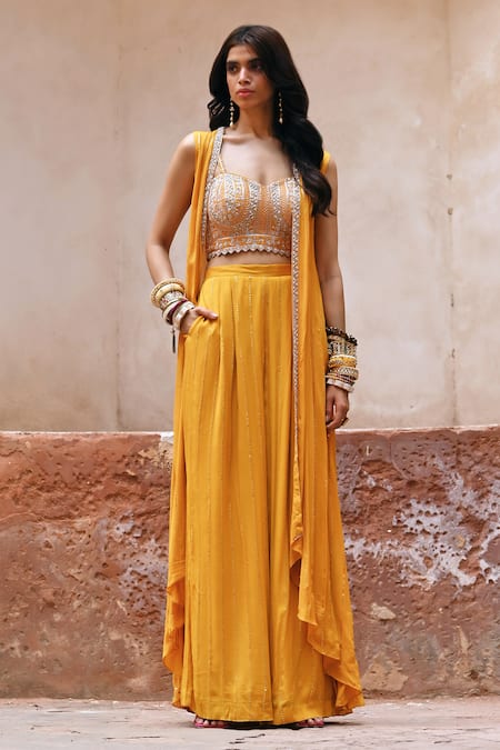 Chamee and Palak Yellow Georgette Embroidered Glass Bead Sweetheart And Zardosi Cape Pant Set 