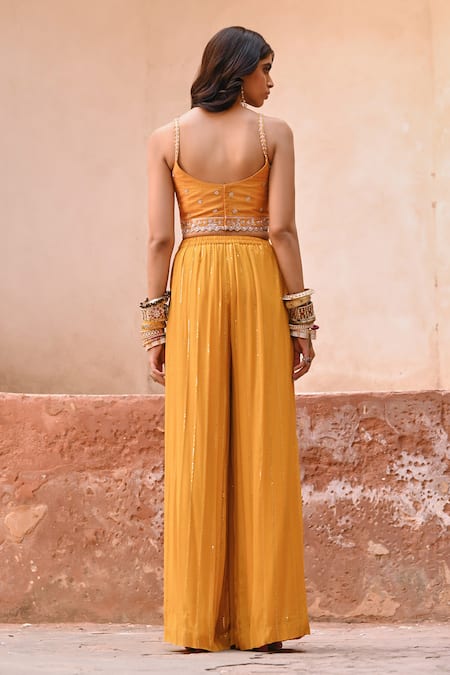 Shop Chamee And Palak Yellow Silk, Georgette Pearls, Beads Glass And Zardosi Embroidered Cape Pant Set at Aza Fashions Shop_Chamee And Palak_Yellow Silk, Georgette Pearls, Beads Glass And Zardosi Embroidered Cape Pant Set _at_Aza_Fashions