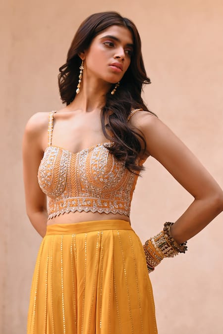 Shop Chamee And Palak Yellow Silk, Georgette Pearls, Beads Glass And Zardosi Embroidered Cape Pant Set Online at Aza Fashions Shop_Chamee And Palak_Yellow Silk, Georgette Pearls, Beads Glass And Zardosi Embroidered Cape Pant Set _Online_at_Aza_Fashions