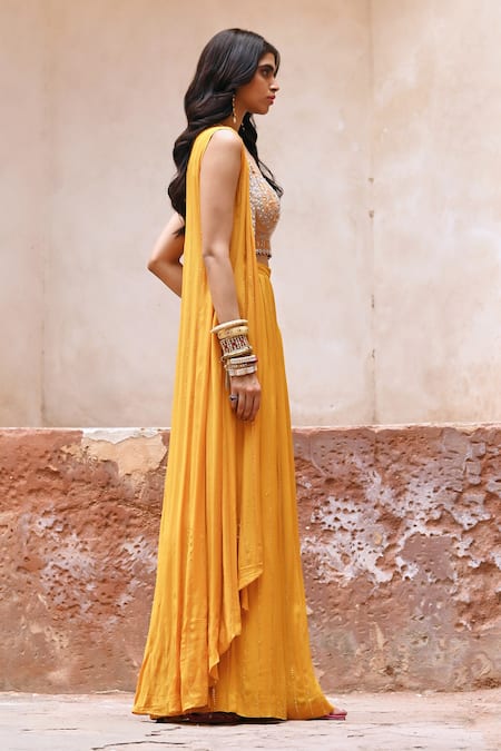 Chamee And Palak Yellow Silk, Georgette Pearls, Beads Glass And Zardosi Embroidered Cape Pant Set at Aza Fashions Chamee And Palak_Yellow Silk, Georgette Pearls, Beads Glass And Zardosi Embroidered Cape Pant Set _at_Aza_Fashions