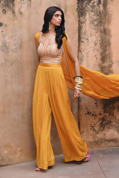 Buy Chamee And Palak Yellow Silk, Georgette Pearls, Beads Glass And Zardosi Embroidered Cape Pant Set Buy_Chamee And Palak_Yellow Silk, Georgette Pearls, Beads Glass And Zardosi Embroidered Cape Pant Set