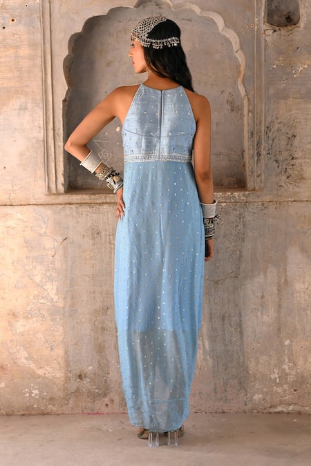 Shop_Chamee And Palak_Blue Georgette, Silk Beads, Pearls Halter Adina Glass Embroidered Cowl Dress _at_Aza_Fashions
