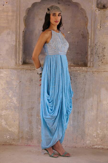 Buy_Chamee And Palak_Blue Georgette, Silk Beads, Pearls Halter Adina Glass Embroidered Cowl Dress _Online_at_Aza_Fashions