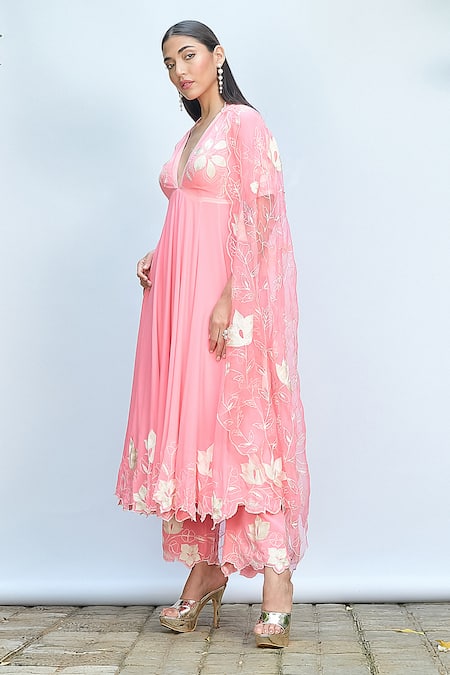 Priyanka Jain Pink Crepe Embroidery V-neck Floral Anarkali Pant Set Online at Aza Fashions Priyanka Jain_Pink Crepe Embroidery V-neck Floral Anarkali Pant Set _Online_at_Aza_Fashions