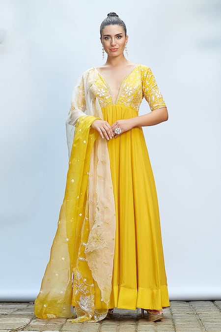 Priyanka Jain Yellow Italian Crepe Embroidered Floral Plunge V Neck Yoke Anarkali Set 