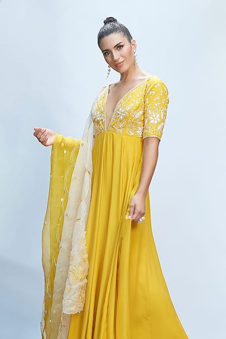 Buy_Priyanka Jain_Yellow Chiffon Applique, Embroidery Plunge Neck Yoke Anarkali Set _Online_at_Aza_Fashions