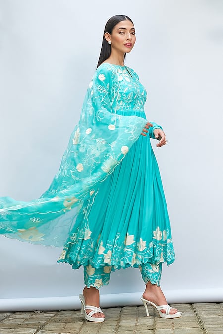 Shop_Priyanka Jain_Blue Chiffon Embroidery Keyhole Neck Anarkali Pant Set _Online_at_Aza_Fashions
