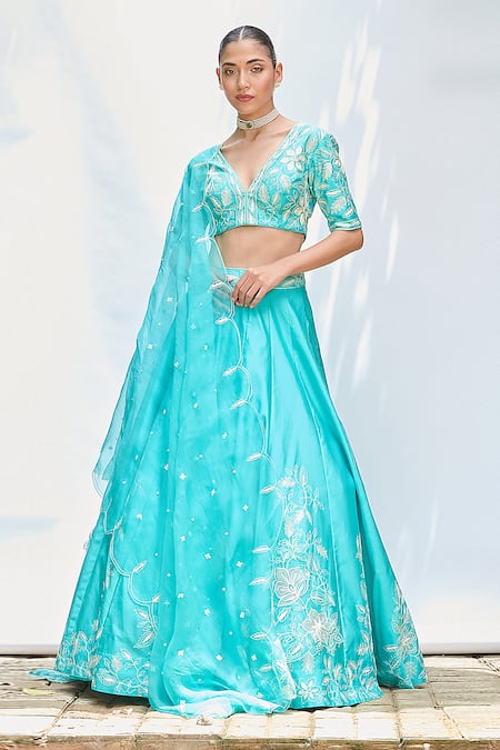 Priyanka Jain Blue Italian Crepe Embroidered Floral V Neck Aari Lehenga Blouse Set 