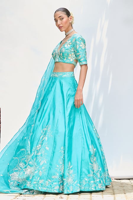 Priyanka Jain Blue Silk, Chiffon Embroidery V-neck Aari Lehenga Blouse Set Online at Aza Fashions Priyanka Jain_Blue Silk, Chiffon Embroidery V-neck Aari Lehenga Blouse Set _Online_at_Aza_Fashions