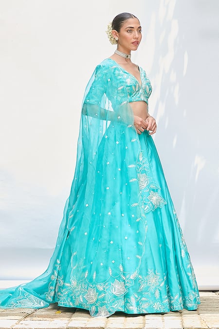Buy Priyanka Jain Blue Silk, Chiffon Embroidery V-neck Aari Lehenga Blouse Set Online at Aza Fashions Buy_Priyanka Jain_Blue Silk, Chiffon Embroidery V-neck Aari Lehenga Blouse Set _Online_at_Aza_Fashions