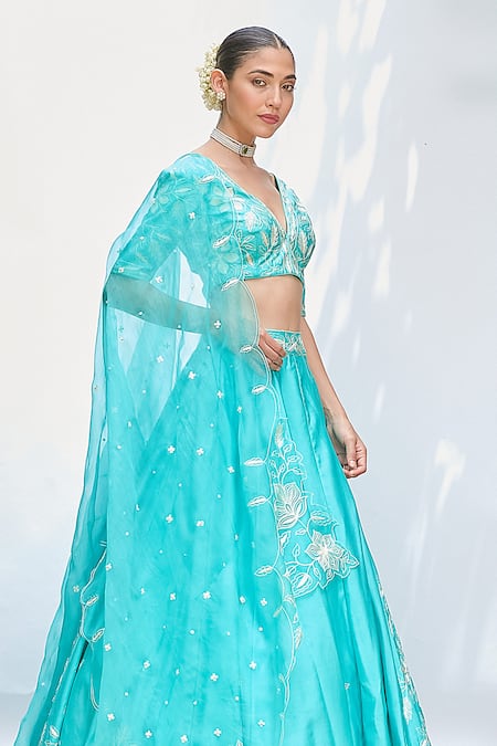 Shop Priyanka Jain Blue Silk, Chiffon Embroidery V-neck Aari Lehenga Blouse Set Online at Aza Fashions Shop_Priyanka Jain_Blue Silk, Chiffon Embroidery V-neck Aari Lehenga Blouse Set _Online_at_Aza_Fashions