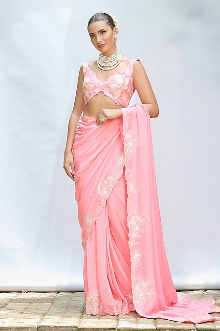 Priyanka Jain Pink Silk, Crepe Embroidery V-neck Floral Pre-draped Saree With Blouse Online at Aza Fashions Priyanka Jain_Pink Silk, Crepe Embroidery V-neck Floral Pre-draped Saree With Blouse _Online_at_Aza_Fashions