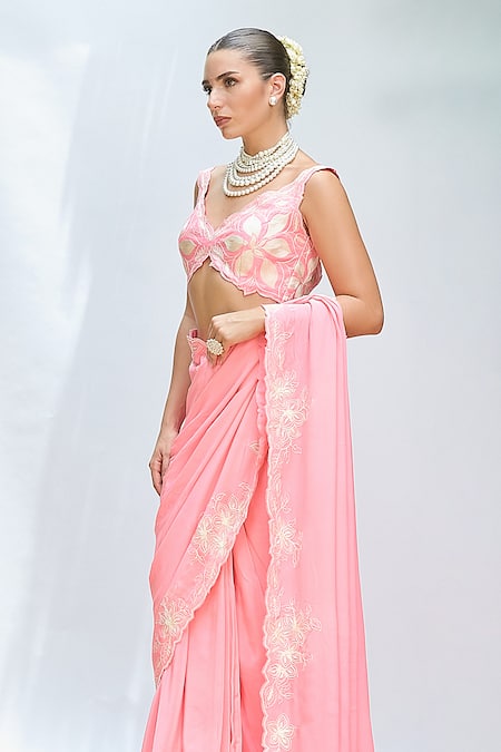 Buy Priyanka Jain Pink Silk, Crepe Embroidery V-neck Floral Pre-draped Saree With Blouse Online at Aza Fashions Buy_Priyanka Jain_Pink Silk, Crepe Embroidery V-neck Floral Pre-draped Saree With Blouse _Online_at_Aza_Fashions