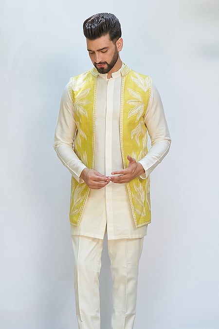 Priyanka Jain Yellow Silk, Chanderi, Cotton Embroidery Floral Bundi And Kurta Set Online at Aza Fashions Priyanka Jain_Yellow Silk, Chanderi, Cotton Embroidery Floral Bundi And Kurta Set _Online_at_Aza_Fashions
