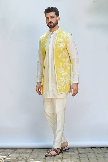 Buy Priyanka Jain Yellow Silk, Chanderi, Cotton Embroidery Floral Bundi And Kurta Set Online at Aza Fashions Buy_Priyanka Jain_Yellow Silk, Chanderi, Cotton Embroidery Floral Bundi And Kurta Set _Online_at_Aza_Fashions