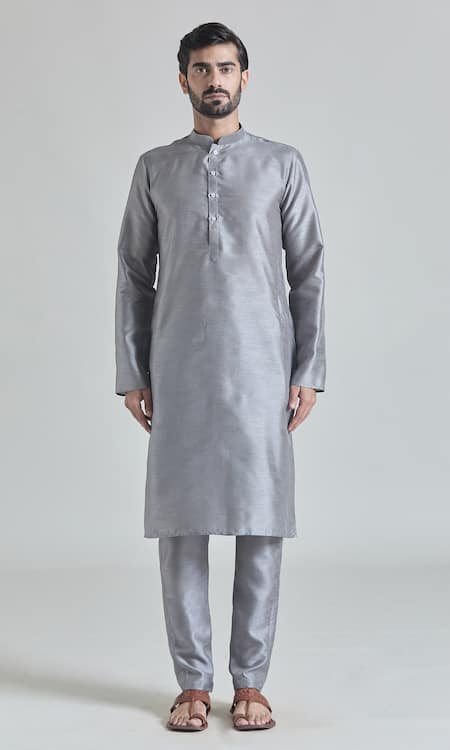 Buy_Arihant Rai Sinha_Gray Brocade, Silk Embroidery Floral Jaal Bundi Kurta Set 