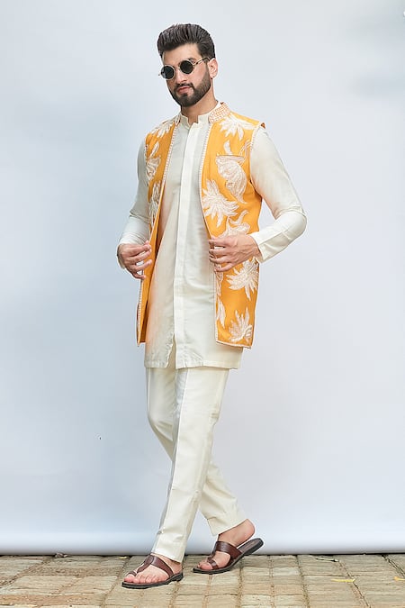 Buy_Priyanka Jain_Yellow Silk, Chanderi, Cotton Embroidery Aari Mustard Bundi And Kurta Set _Online_at_Aza_Fashions