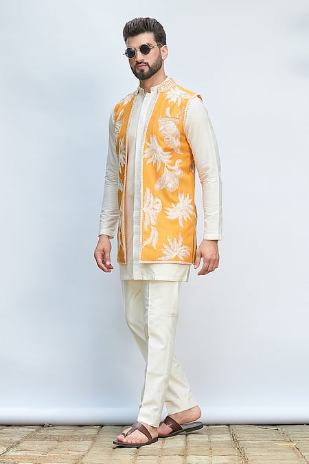 Shop_Priyanka Jain_Yellow Silk, Chanderi, Cotton Embroidery Aari Mustard Bundi And Kurta Set _Online_at_Aza_Fashions