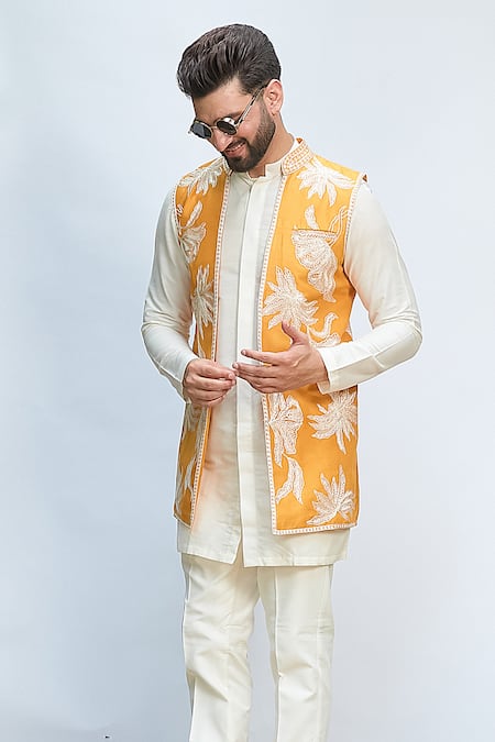 Priyanka Jain_Yellow Silk, Chanderi, Cotton Embroidery Aari Mustard Bundi And Kurta Set _at_Aza_Fashions