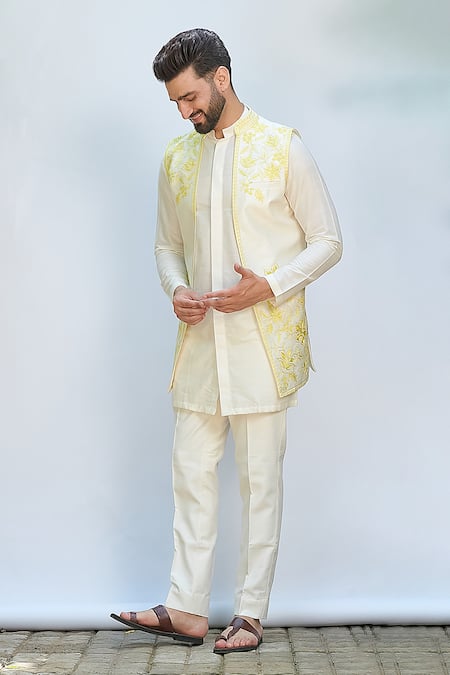 Shop_Priyanka Jain_Ivory Silk, Chanderi, Cotton Embroidery Floral Thread Bundi Set _Online_at_Aza_Fashions