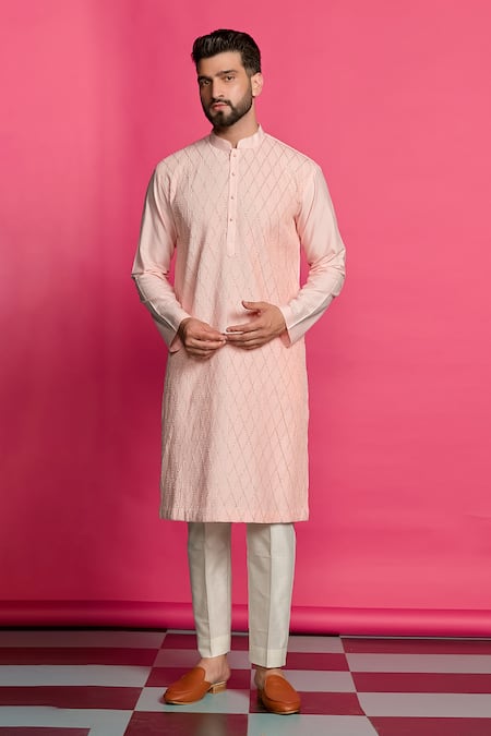 Priyanka Jain Pink Cotton Silk Embroidery Gota Pintuck Kurta Set 