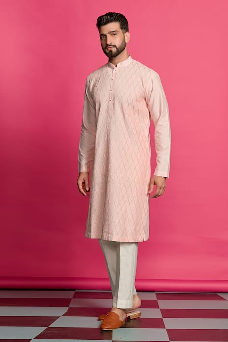 Buy_Priyanka Jain_Pink Cotton, Silk Gota Patti Pintuck Embroidered Kurta Set _Online_at_Aza_Fashions