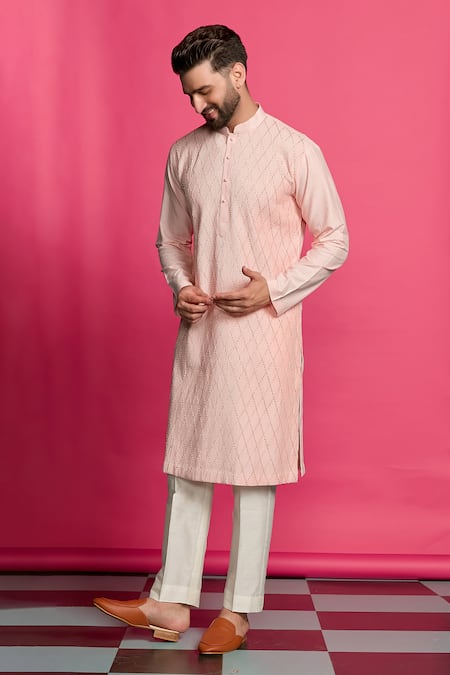 Shop_Priyanka Jain_Pink Cotton, Silk Gota Patti Pintuck Embroidered Kurta Set _Online_at_Aza_Fashions