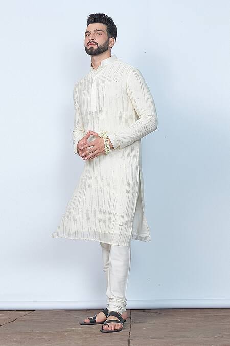Buy_Priyanka Jain_Ivory Georgette, Cotton Zari Stripe Embroidered Kurta Set _Online_at_Aza_Fashions