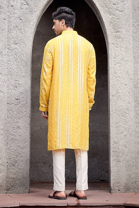Shop_Priyanka Jain_Yellow Georgette, Cotton Zari Work Kurta Set _at_Aza_Fashions