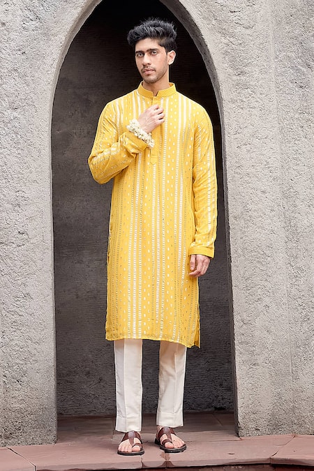 Priyanka Jain_Yellow Georgette, Cotton Zari Work Kurta Set _Online_at_Aza_Fashions