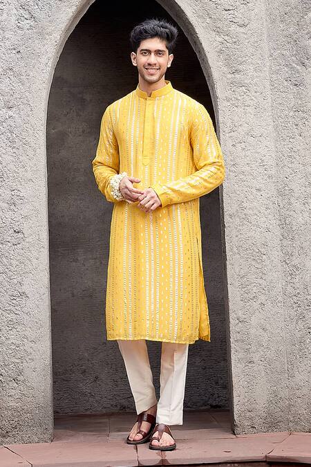Buy_Priyanka Jain_Yellow Georgette, Cotton Zari Work Kurta Set _Online_at_Aza_Fashions