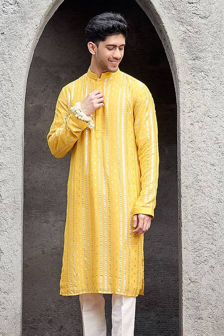 Shop_Priyanka Jain_Yellow Georgette, Cotton Zari Work Kurta Set _Online_at_Aza_Fashions