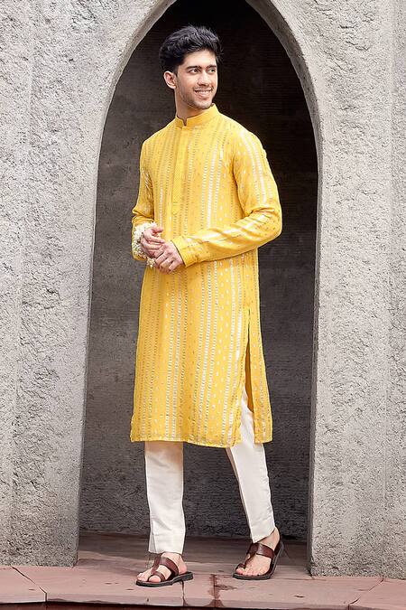 Priyanka Jain_Yellow Georgette, Cotton Zari Work Kurta Set _at_Aza_Fashions