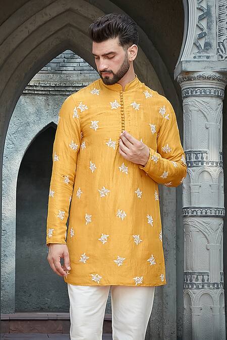 Priyanka Jain_Yellow Silk, Cotton Embroidery Dori Kurta Set _Online_at_Aza_Fashions