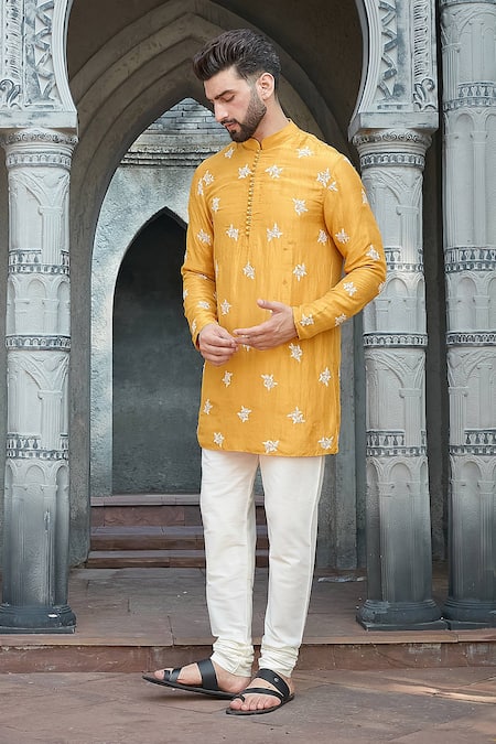 Buy_Priyanka Jain_Yellow Silk, Cotton Embroidery Dori Kurta Set _Online_at_Aza_Fashions