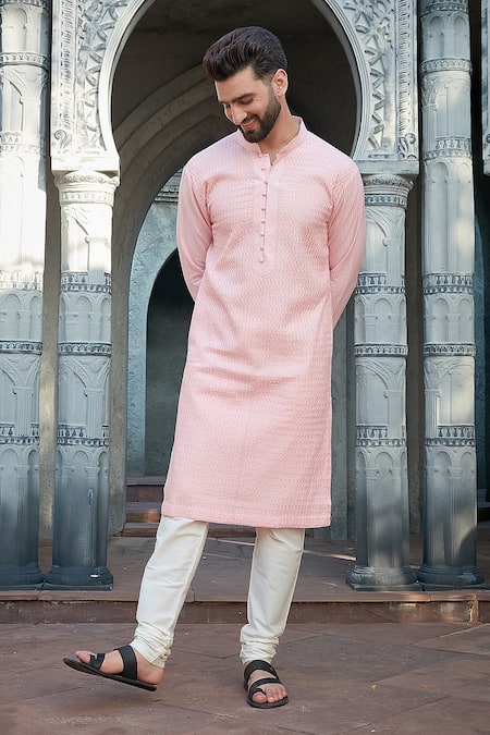 Priyanka Jain Pink Cotton Silk Plain Embroidered Kurta Set 