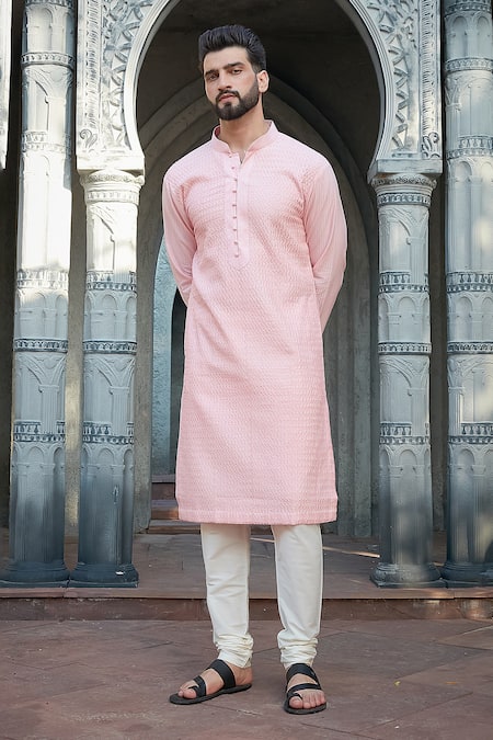 Shop Priyanka Jain Pink Cotton, Silk Embroidered Kurta Set Online at Aza Fashions Shop_Priyanka Jain_Pink Cotton, Silk Embroidered Kurta Set _Online_at_Aza_Fashions