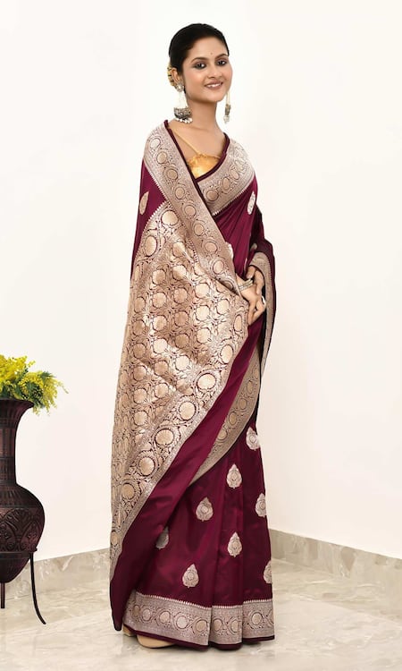 Naaritva India_Wine Kota Doria Embroidery Damask Booti Woven Banarasi Saree With Running Blouse _Online_at_Aza_Fashions
