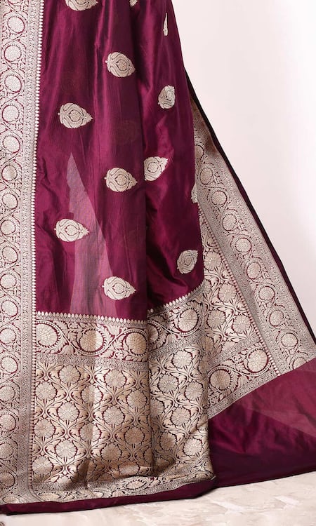 Buy_Naaritva India_Wine Kota Doria Embroidery Damask Booti Woven Banarasi Saree With Running Blouse _Online_at_Aza_Fashions