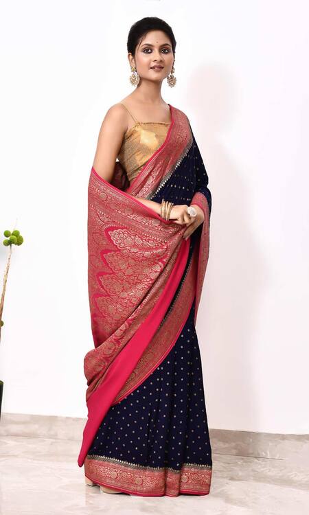 Naaritva India_Blue Chiffon Ditsy Blossom Woven Banarasi Saree With Running Blouse _Online_at_Aza_Fashions
