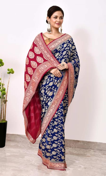 Naaritva India_Blue Chiffon Embroidery Phool Jaal Woven Banarasi Saree With Running Blouse _Online_at_Aza_Fashions
