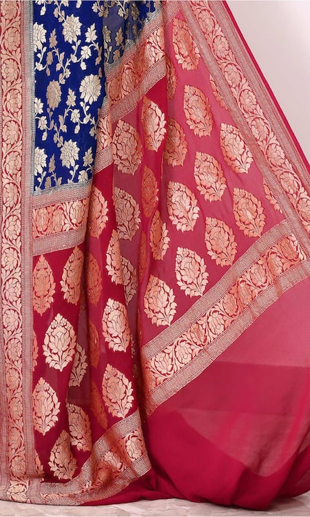Buy_Naaritva India_Blue Chiffon Embroidery Phool Jaal Woven Banarasi Saree With Running Blouse _Online_at_Aza_Fashions