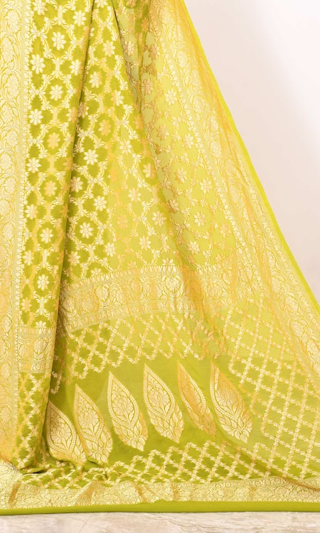 Buy_Naaritva India_Yellow Chiffon Embroidery Bahar Jaal Woven Banarasi Saree With Running Blouse _Online_at_Aza_Fashions