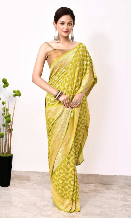Shop_Naaritva India_Yellow Chiffon Embroidery Bahar Jaal Woven Banarasi Saree With Running Blouse _Online_at_Aza_Fashions