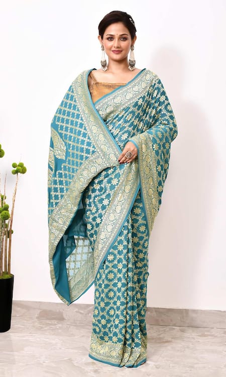 Naaritva India_Blue Chiffon Embroidery Bahara Jaal Woven Banarasi Saree With Running Blouse _Online_at_Aza_Fashions