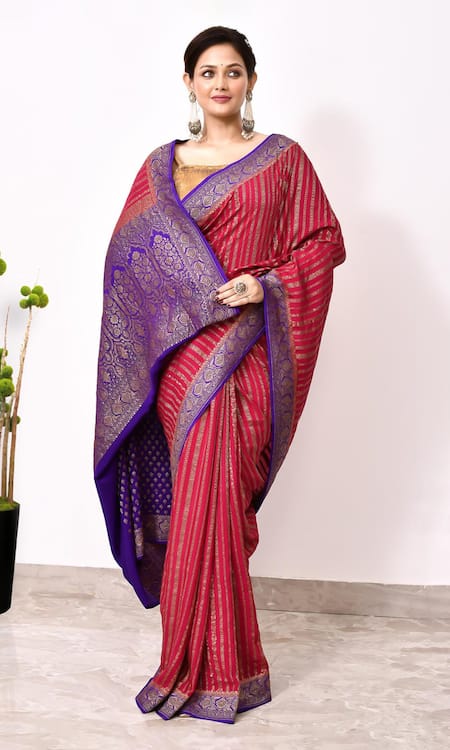 Naaritva India Red Chiffon Embroidery Mughal Vine Woven Banarasi Saree With Running Blouse Online at Aza Fashions Naaritva India_Red Chiffon Embroidery Mughal Vine Woven Banarasi Saree With Running Blouse _Online_at_Aza_Fashions